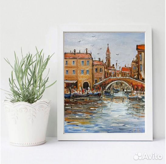 Картина город Венеция лодки маслом холст 25х20см