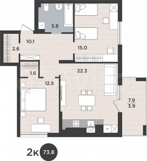 2-к. квартира, 73,8 м², 7/9 эт.