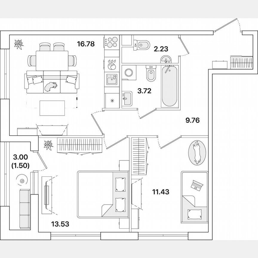 2-к. квартира, 59 м², 1/12 эт.