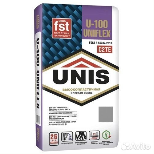 Клей плиточный unis, U-100 uniflex 25 кг