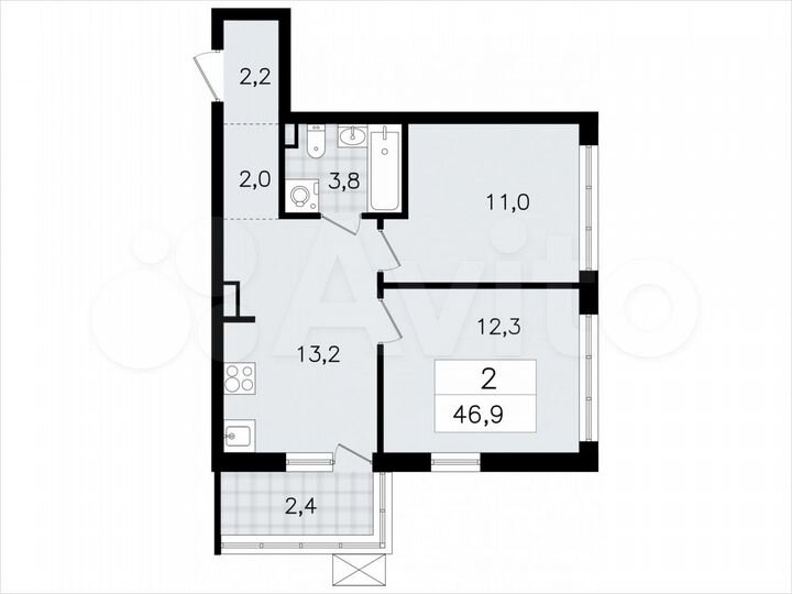 2-к. квартира, 46,9 м², 8/12 эт.