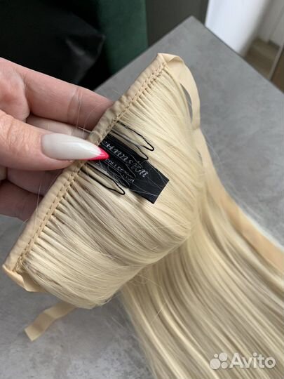 Хвост на заколках, волосы для наращивания, блонд