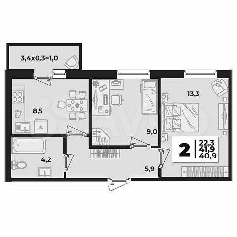 2-к. квартира, 41,9 м², 4/5 эт.