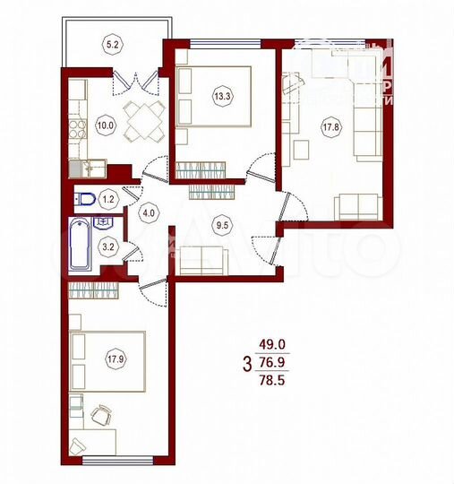 3-к. квартира, 78,5 м², 2/17 эт.