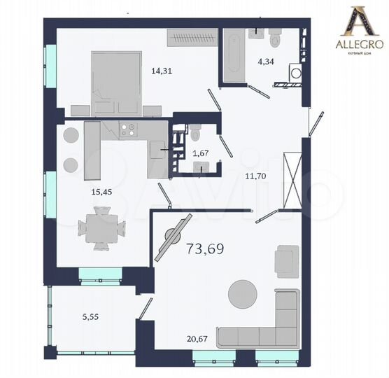 2-к. квартира, 73,7 м², 6/19 эт.