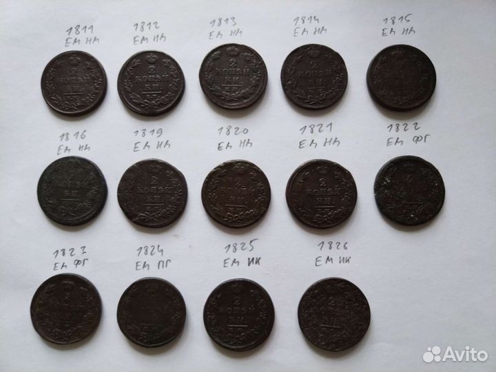 2 копейки Александр 1 погодовка набор 14 монет