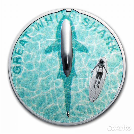 Монета серебро белая акула 5 долларов Палау 2021