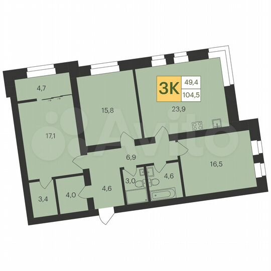 3-к. квартира, 105,2 м², 1/9 эт.
