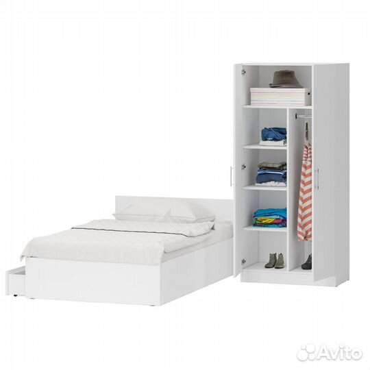 Кровать белая односпальная с ящиками 1200 со шкафом для одежды 2-х створчатым Стандарт, цвет белый