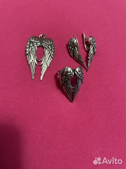 Комплект кольцо серьги подвеска крылья
