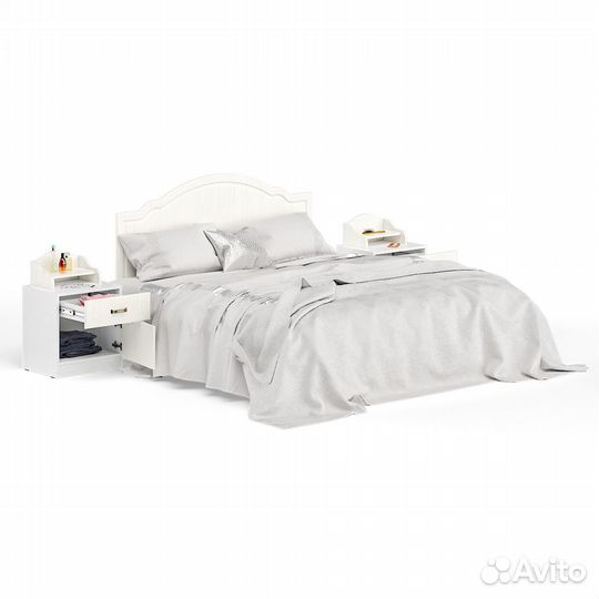 Кровать 1600 Ливерпуль с основанием и двумя тумбами с полками цвет ясень ваниль/белый