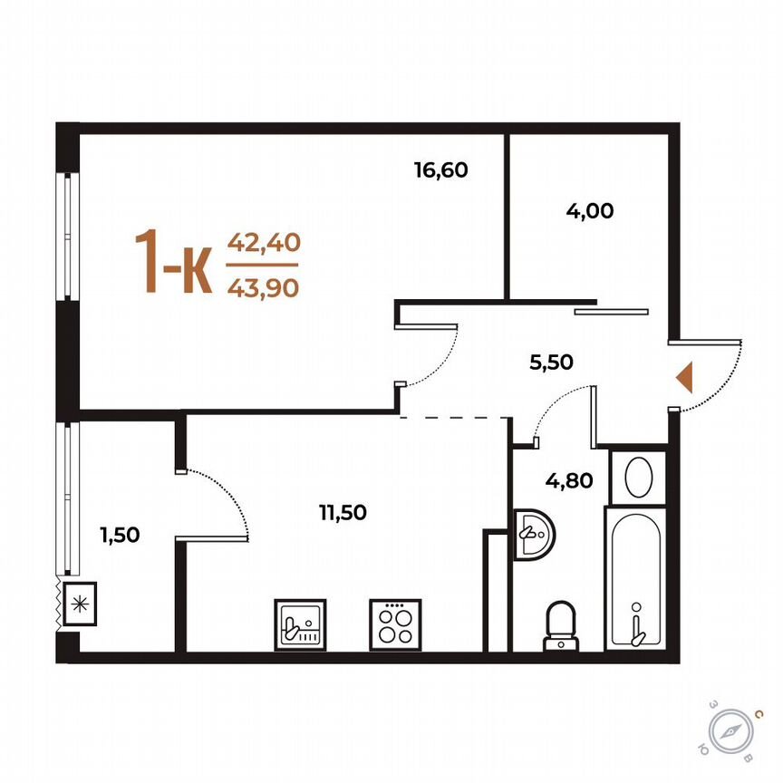 1-к. квартира, 43,9 м², 4/8 эт.