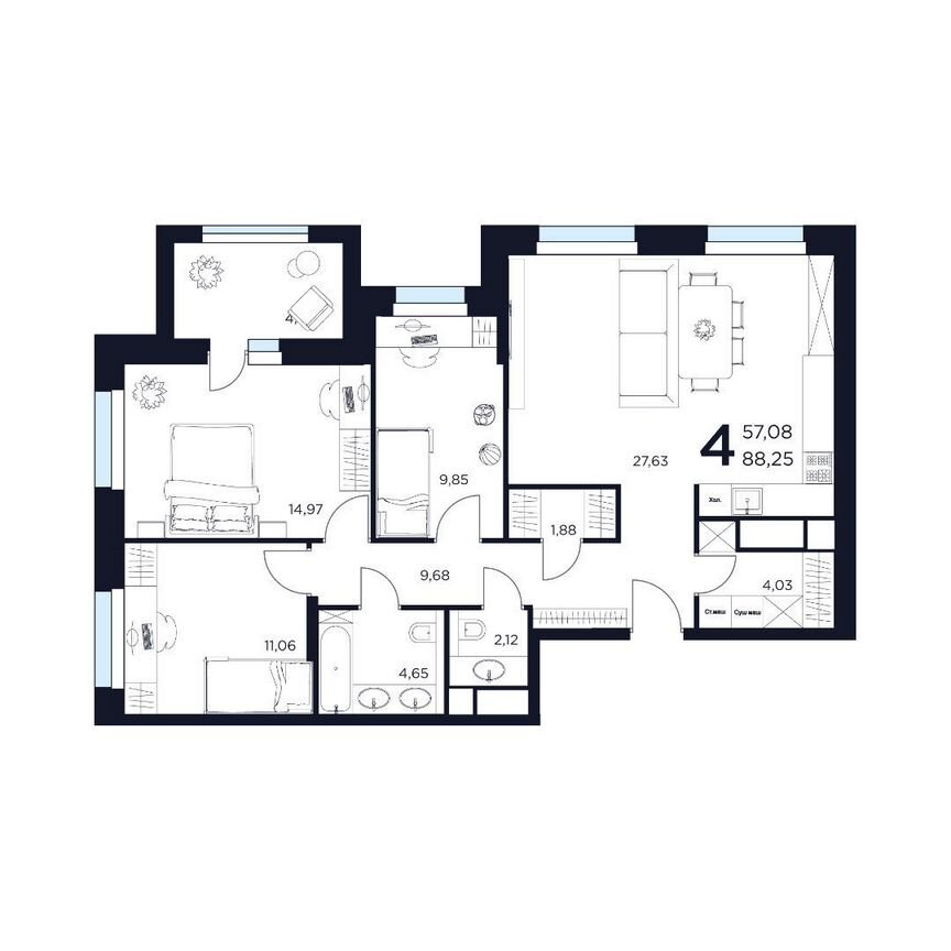 4-к. квартира, 88,3 м², 2/12 эт.