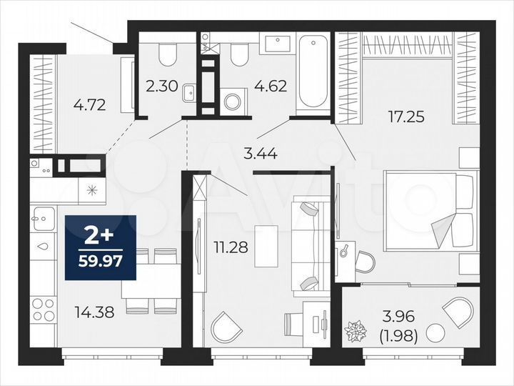 2-к. квартира, 60 м², 7/21 эт.