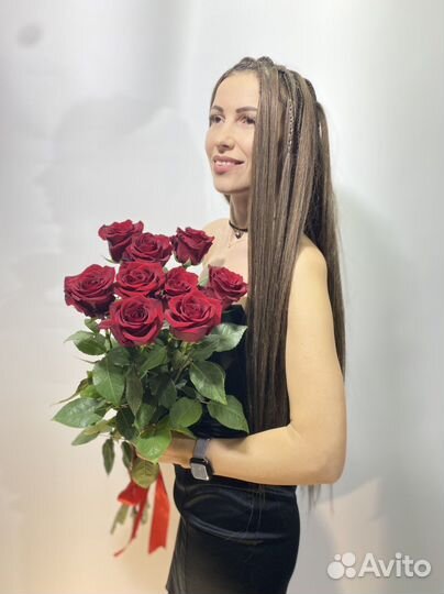 9 красных роз 80 см