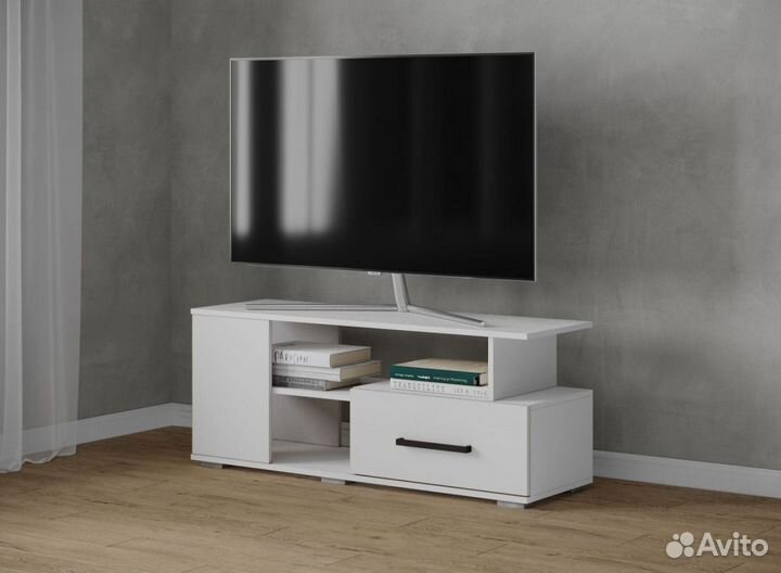 Тумба под тв с ящиком и полками Белая