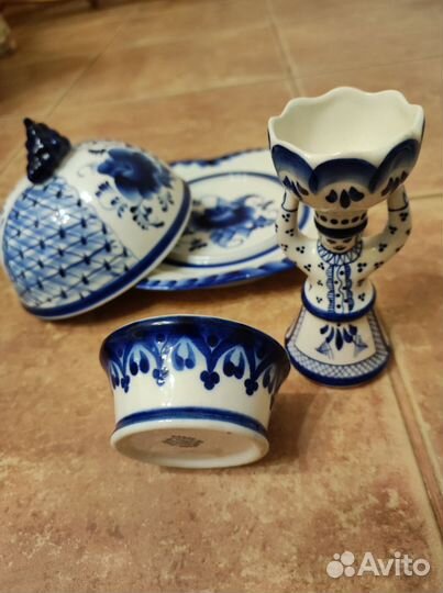 Гжель СССР подсвечники, солонка, под яйцо, петух