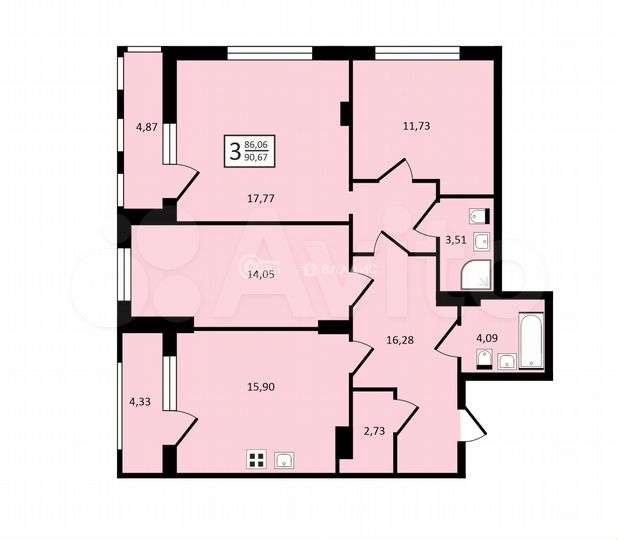 3-к. квартира, 90,7 м², 8/14 эт.