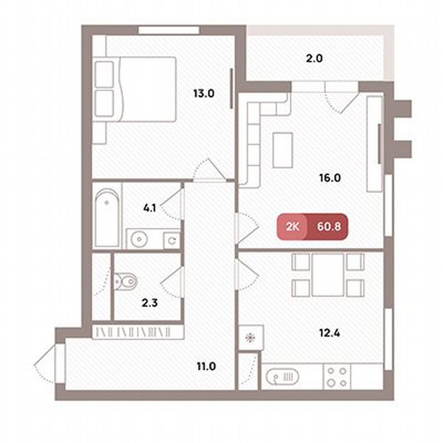 2-к. квартира, 60,8 м², 25/32 эт.