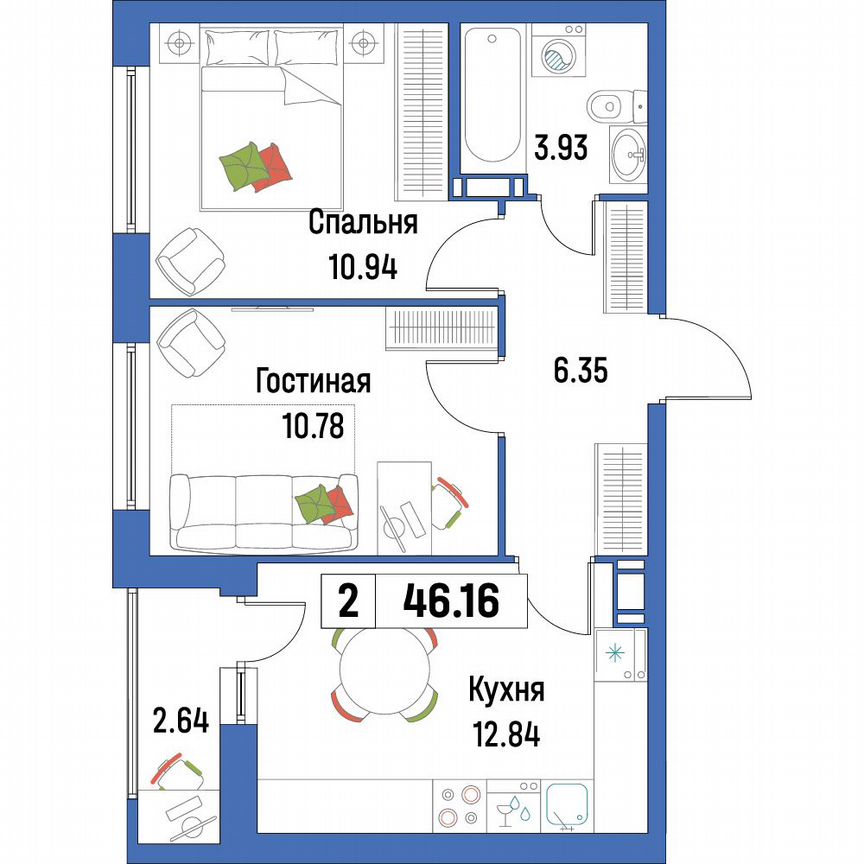 2-к. квартира, 46,2 м², 15/16 эт.