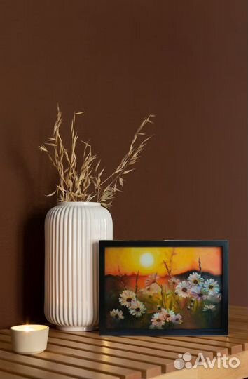 Картина маслом. Цветы. Полевые ромашки. Закат