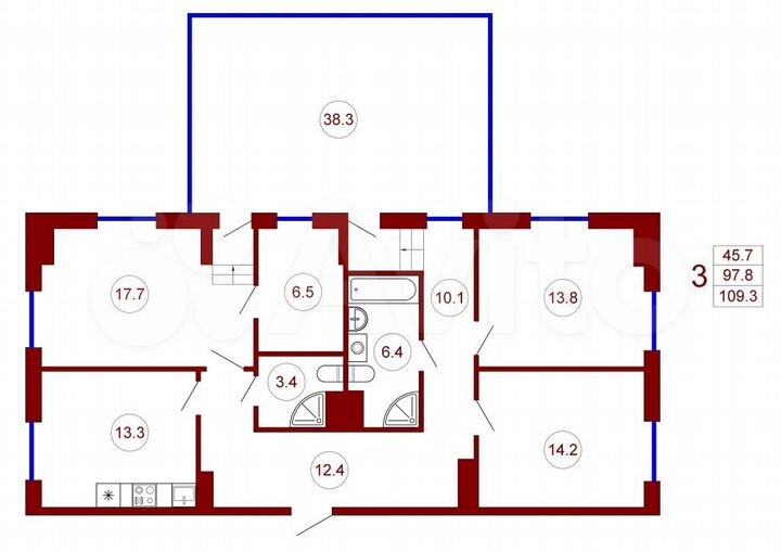 3-к. квартира, 109,3 м², 21/22 эт.