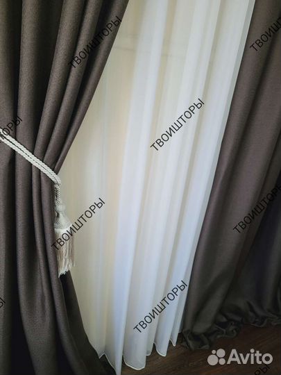 Шторы блэкаут под лен коричневые