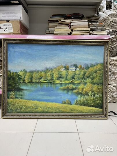 Картина в раме пейзаж с рекой масло холст (сзр)