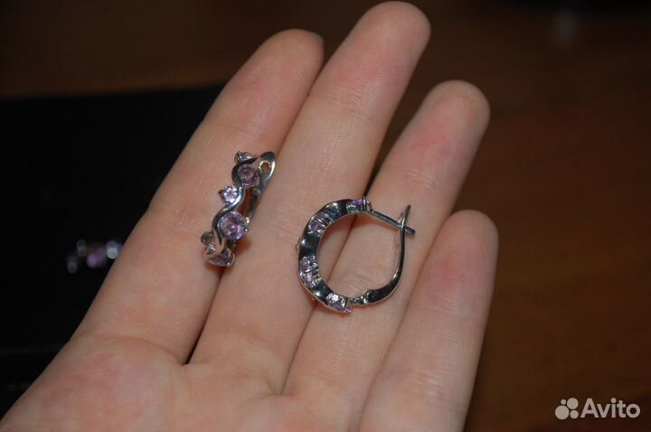 Серебряные серьги конго с аметистами, кольцо (17р)