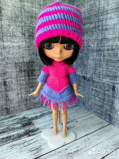 Вязаные пончо и шапка, одежда для куклы блайз