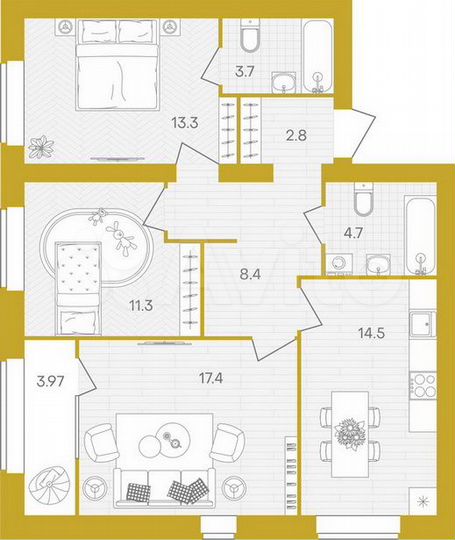 3-к. квартира, 80,1 м², 8/10 эт.