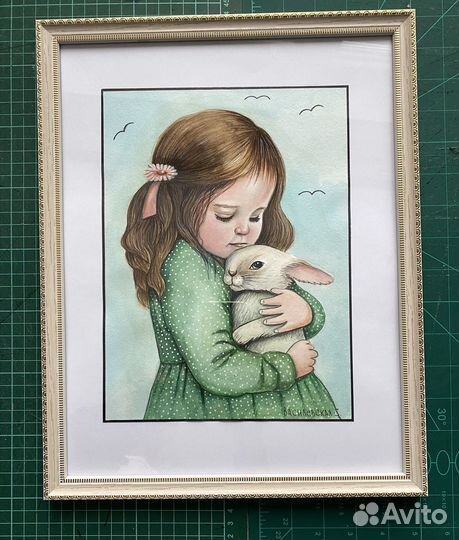 Акварельная картина Девочка с кроликом