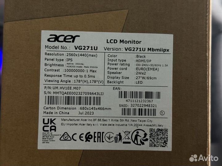 Новый прямой монитор acer 27дюйма 170hz