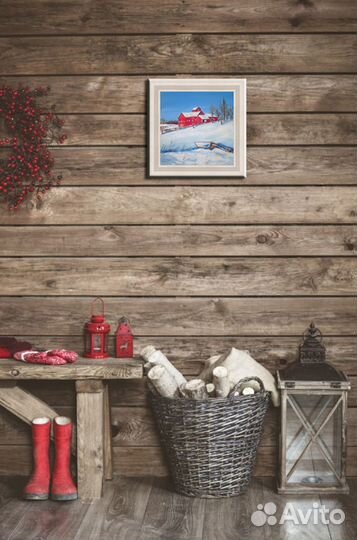 Картина маслом Зима, зимний пейзаж с домиком 25/25