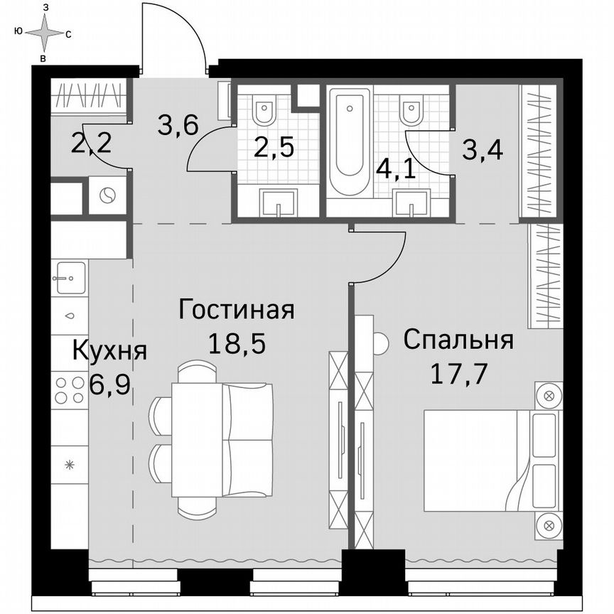 1-к. квартира, 58,9 м², 2/49 эт.