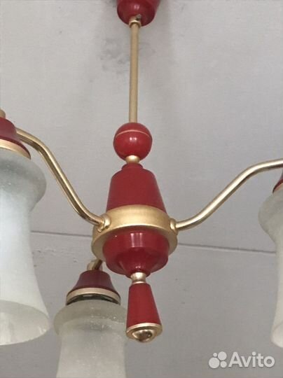 Люстра на 3 рожка, красная с золотым декором СССР