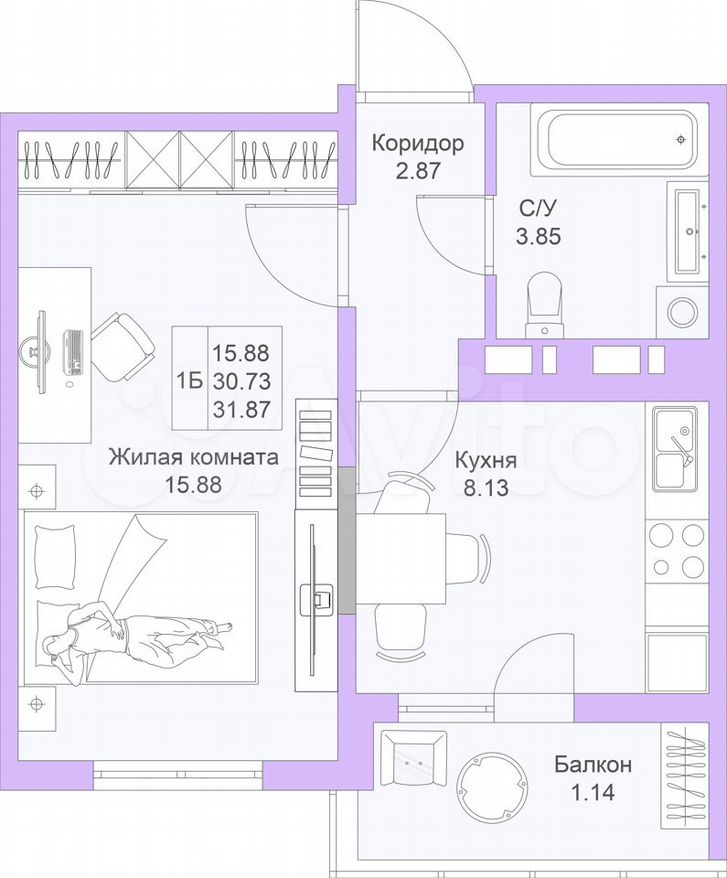 1-к. квартира, 31,9 м², 12/15 эт.