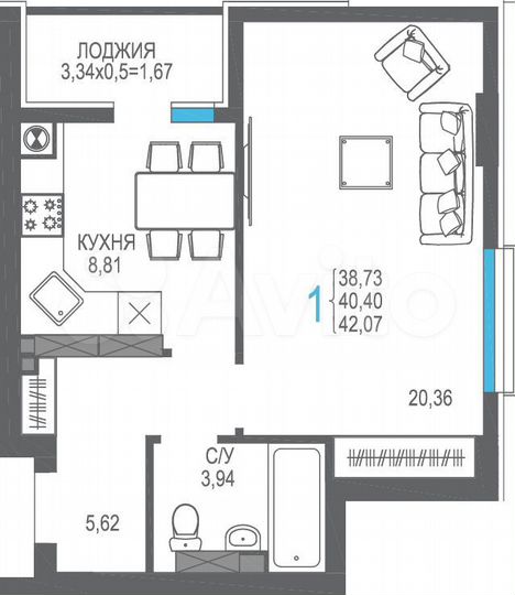 1-к. квартира, 40,4 м², 7/8 эт.