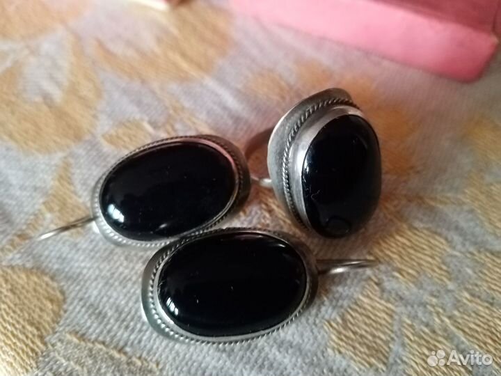 Мельхиоровый набор серьги + кольцо 17,5 агат черны