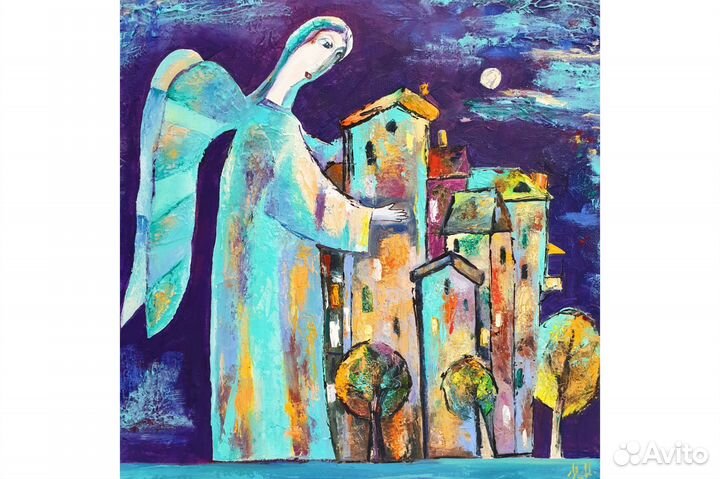 Картина Ангел и город маслом на заказ холс40х40 см