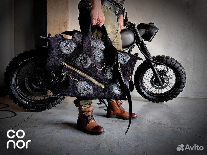 Дорожная кожаная сумка с черепами,Skull,черная, ру