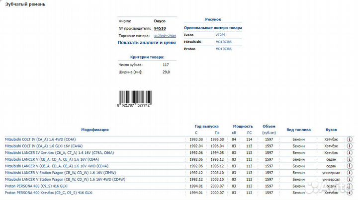 Ремень грм mitsubishi lancer/colt 1.6 16v 92 117x2