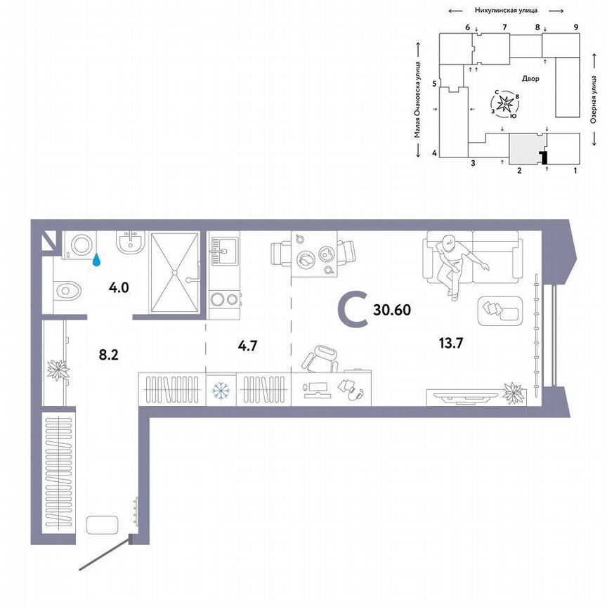 Квартира-студия, 30,6 м², 28/30 эт.