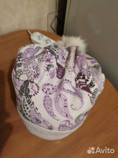 Шапка двойная детская с меховым помпоном и стразам