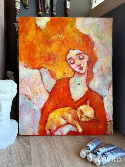 Картина маслом девушка кот оригинальная в интерьер