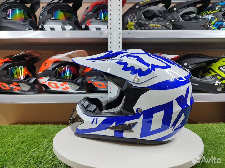 Шлем для мотоцикла-кроссовый FOX. Белый с синим