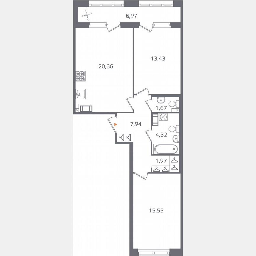 2-к. квартира, 69 м², 4/16 эт.