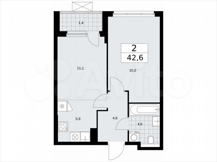 2-к. квартира, 42,6 м², 14/19 эт.