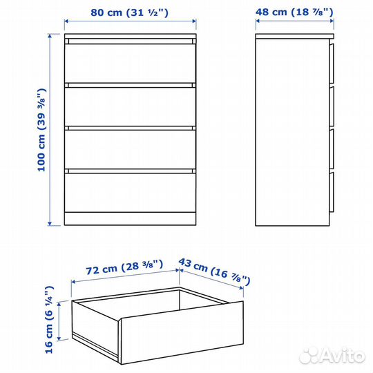 Malm IKEA 504.240.54 Комод 4 ящ. 80x100 см. Белый