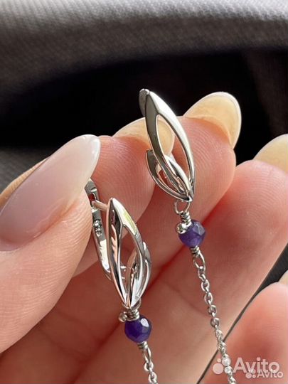 Серебряные серьги длинные с аметистом и агатом